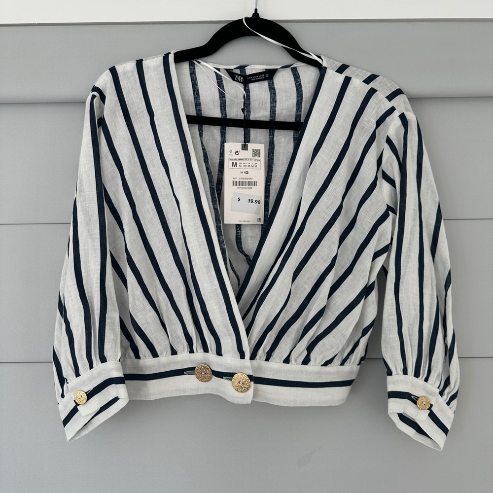 Zara Navy Striped V-Neck Top with Gold Accents